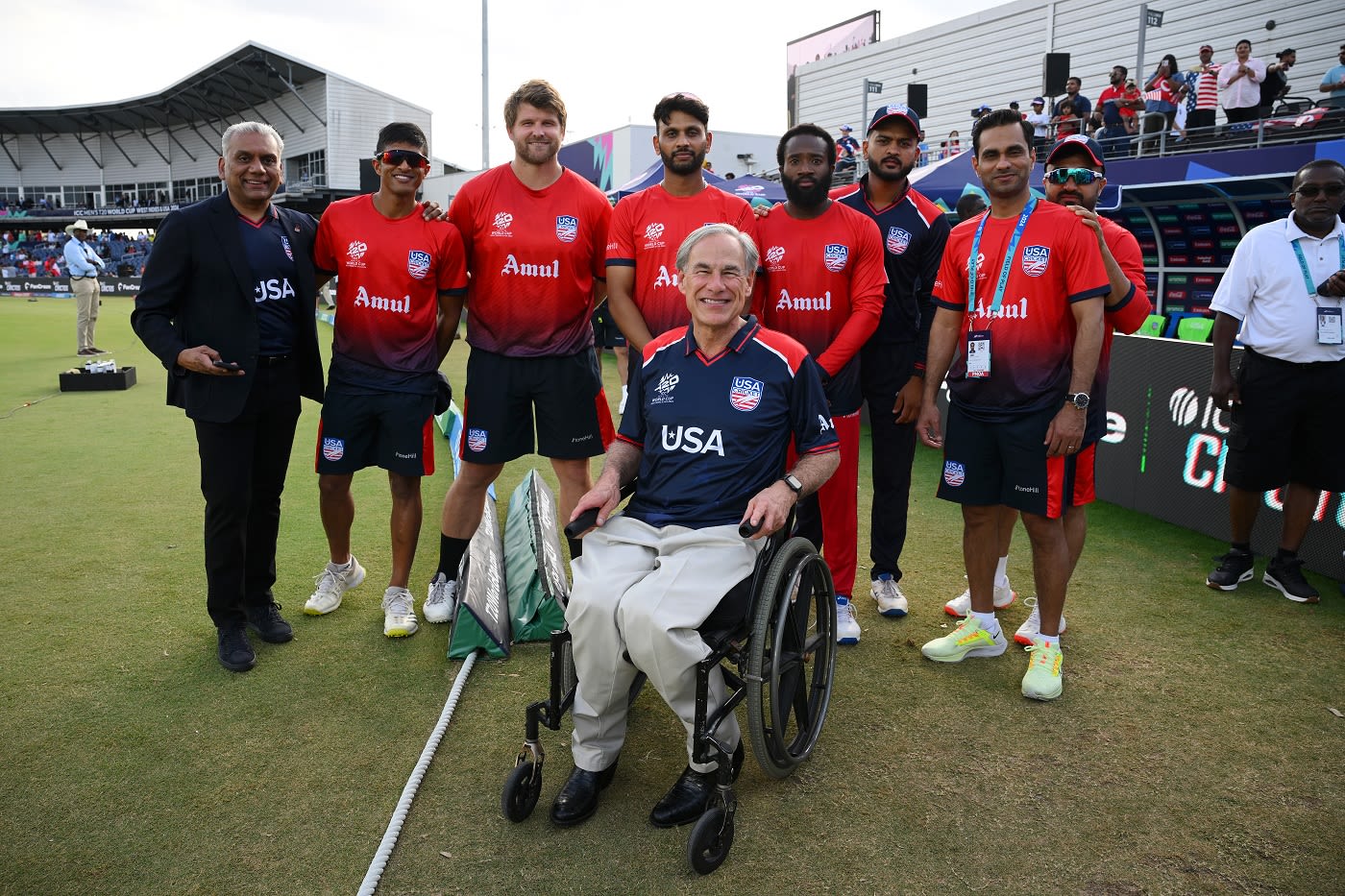 Texas Governor Greg Abbott with the USA team before the first ball