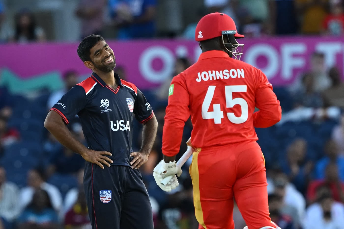 Saurabh Netravalkar reacts after Aaron Johnson gets a streaky four