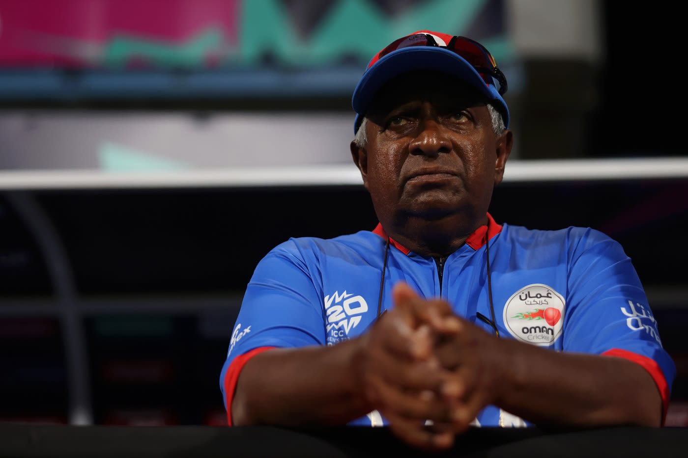 Oman head coach Duleep Mendis looks on during their Super-Over loss to Namibia