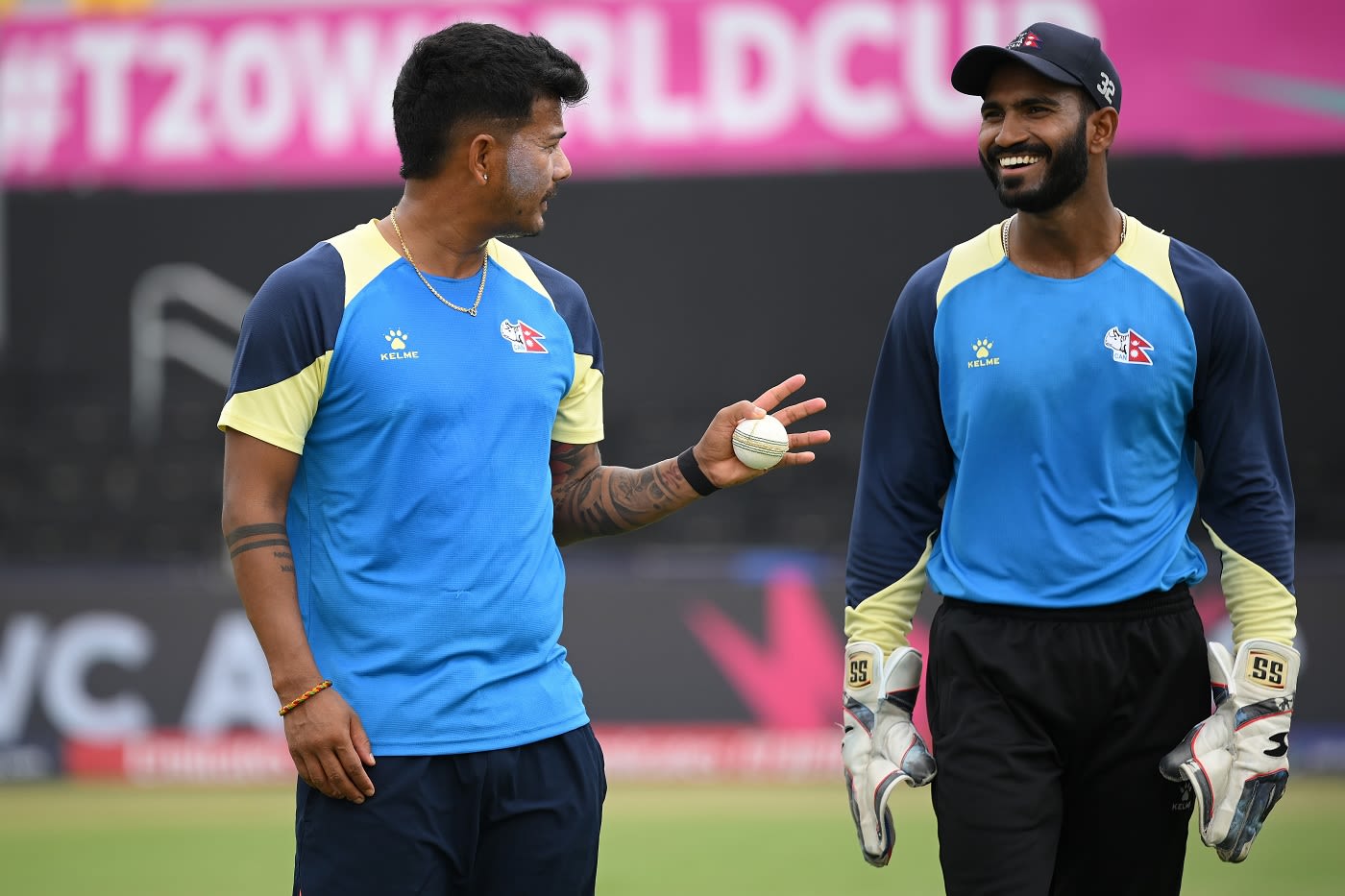 Abinash Bohara shares a laugh with Aasif Sheikh during a practice session