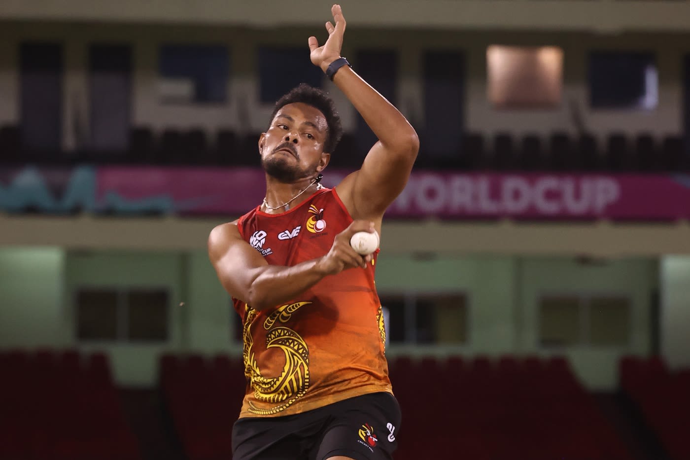 Norman Vanua bowls during a PNG training session in Guyana
