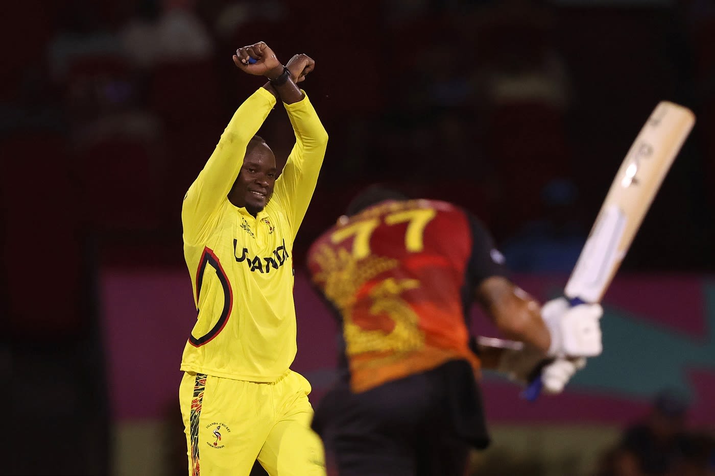 Brian Masaba celebrates Chad Soper's wicket
