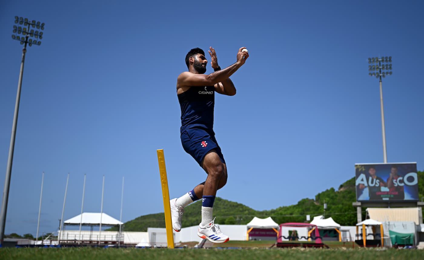 Safyaan Sharif hit the nets under clear blue skies