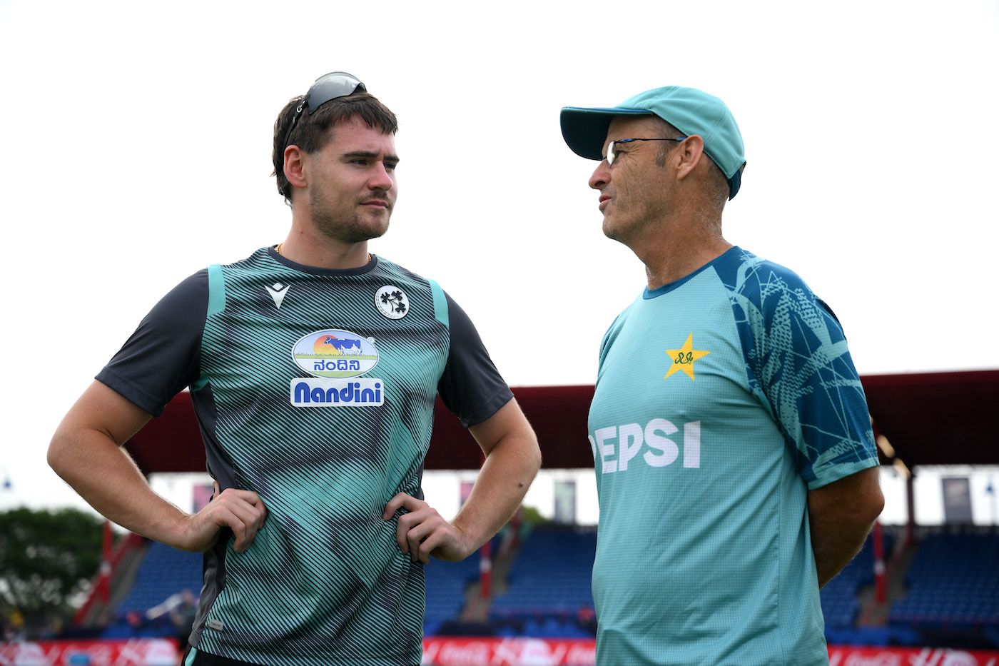 Ireland pacer Josh Little and Pakistan coach Gary Kirsten have a chat