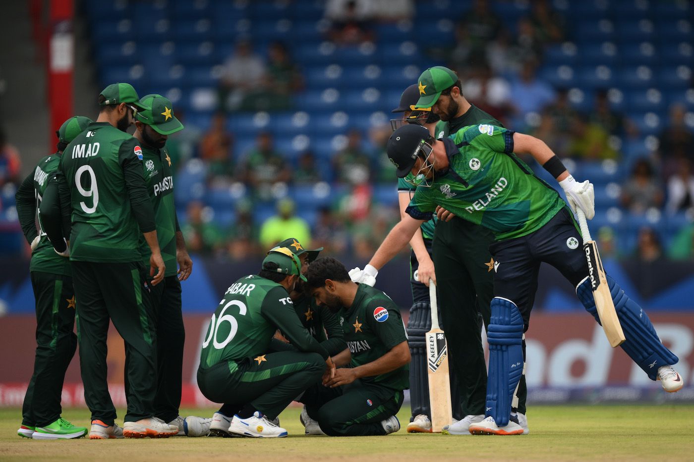 Haris Rauf was knocked over briefly by a hard hit from Gareth Delany