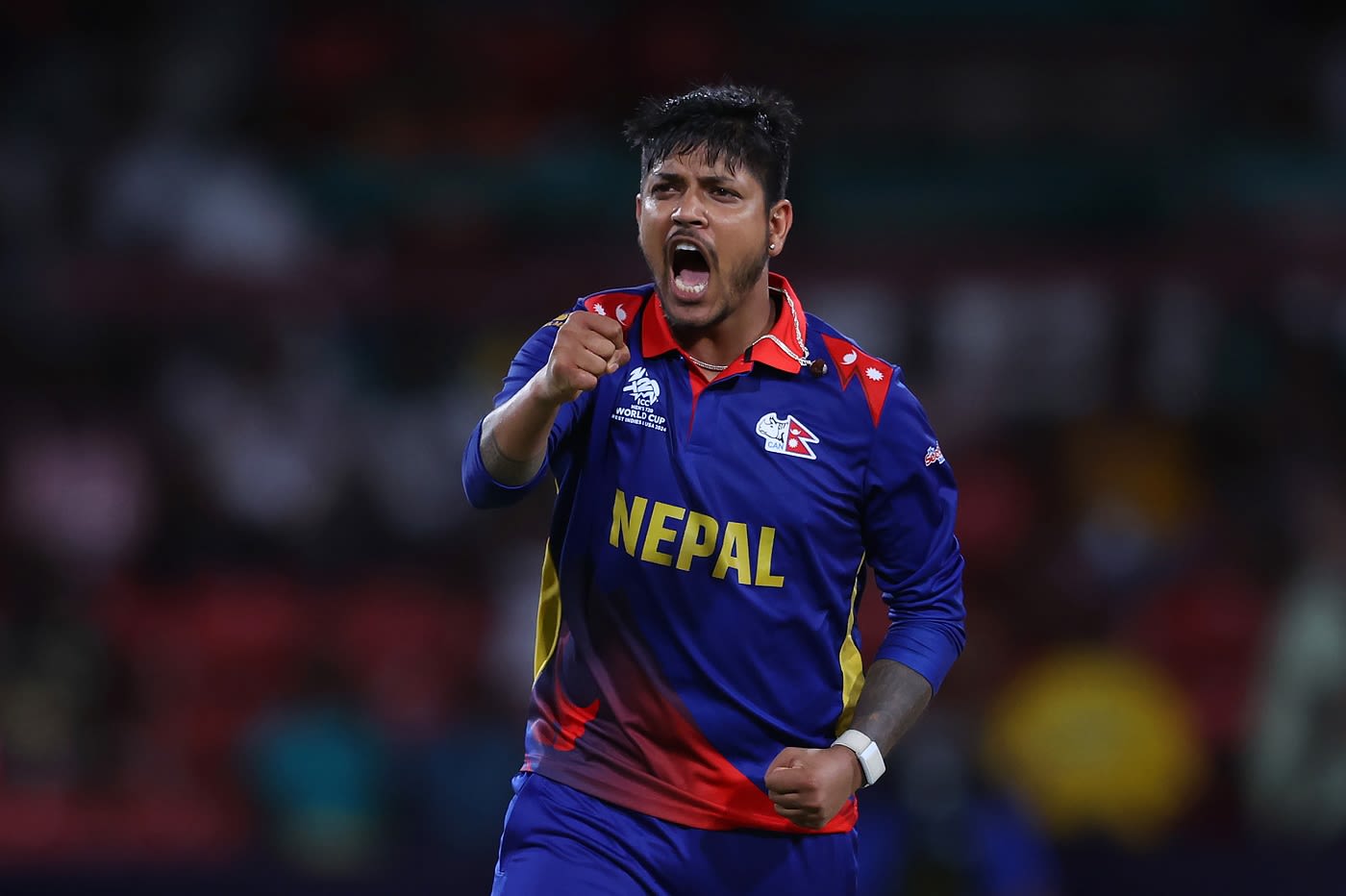 Sandeep Lamichhane is pumped up after dismissing Jaker Ali as his 100th T20I wicket
