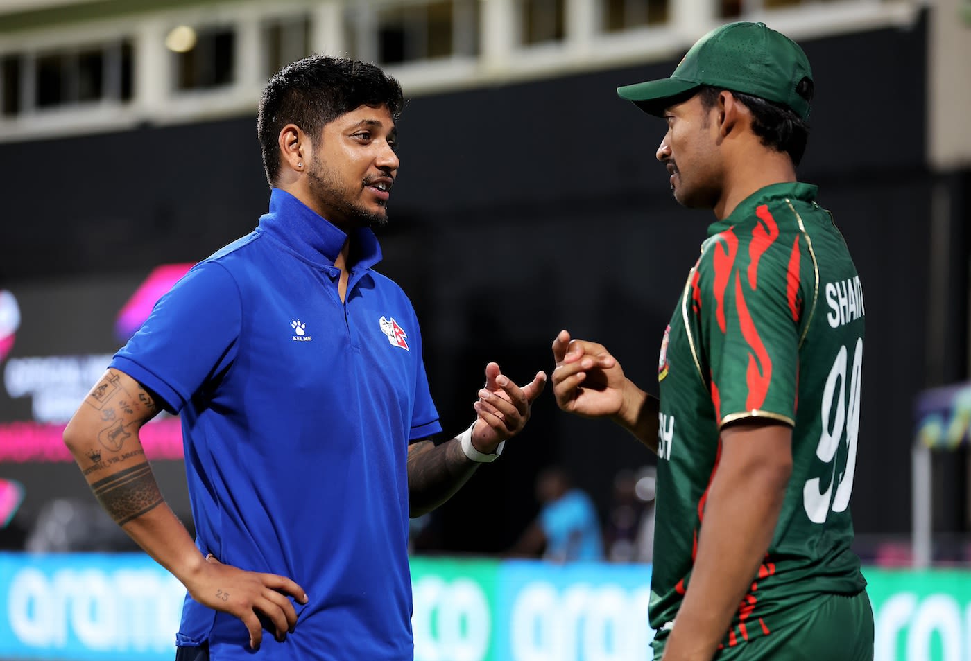 Sandeep Lamichhane caught up with Najmul Hossain Shanto after the game
