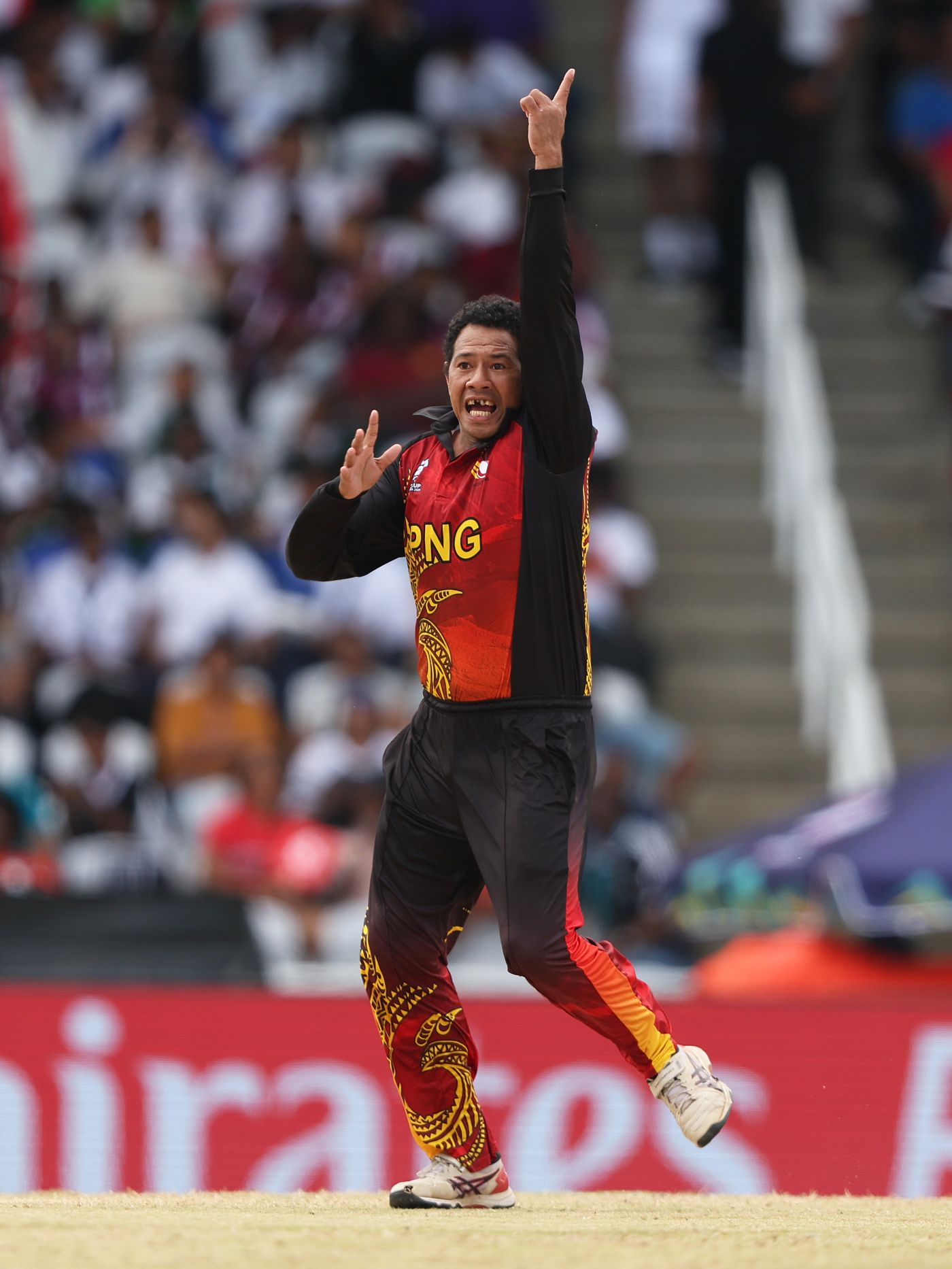 Kabua Morea appeals - successfully - for the wicket of Finn Allen