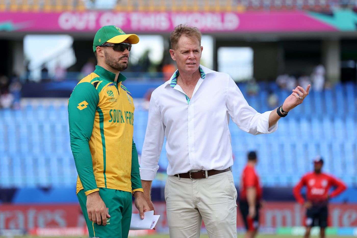 Aiden Markram has a word with Shaun Pollock