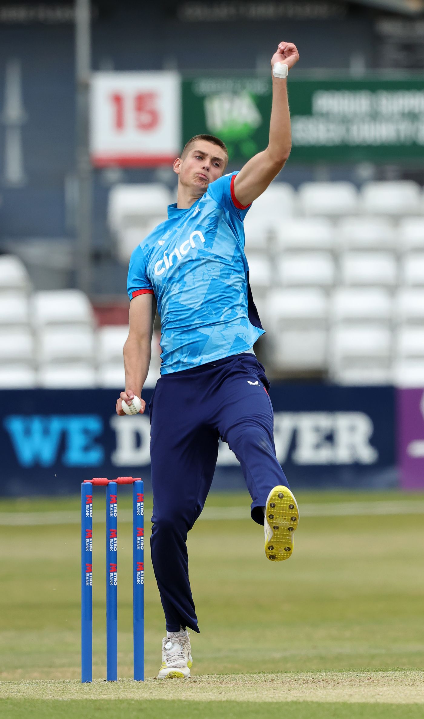 Harry Moore bowls on his England Under-19 debut