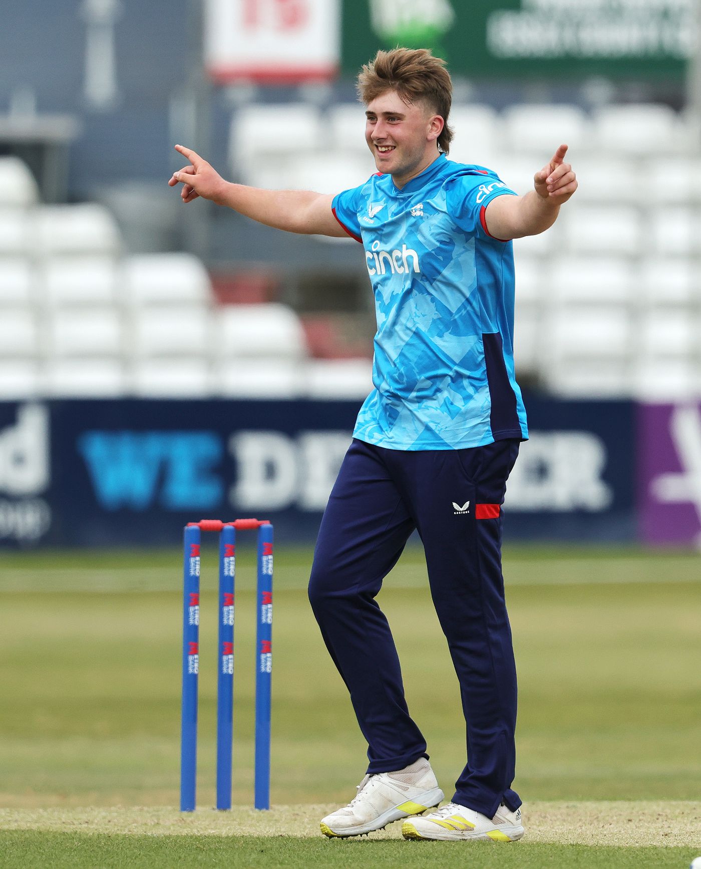 Noah Thain strikes for England in the Under-19 ODI at Chelmsford