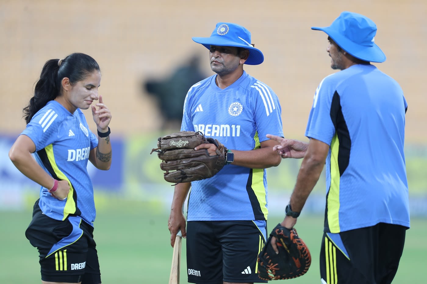 Renuka Singh, Amol Muzumdar and Aavishkar Salvi in conversation before the first T20I