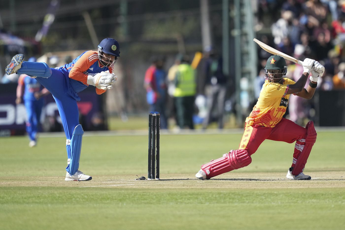 Dhruv Jurel sticks his leg out MS Dhoni-style as Dion Myers cuts the ball