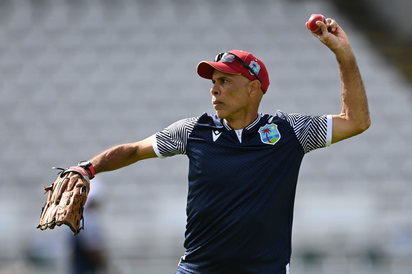 Jimmy Adams throws the ball at West Indies' training session ahead of the first Test against England