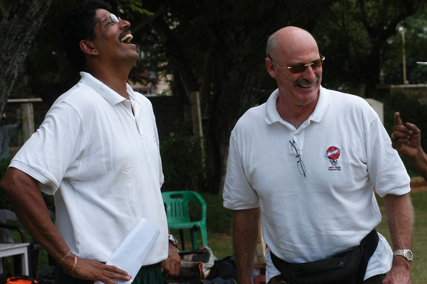 TA Sekhar and Dennis Lillee share a laugh at the MRF Pace Academy in Chennai