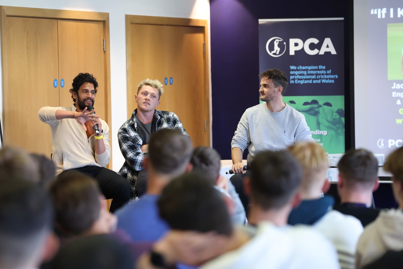 Arul Suppiah, Dom Bess and Jack Brooks (from left) at the PCA Rookie Camp