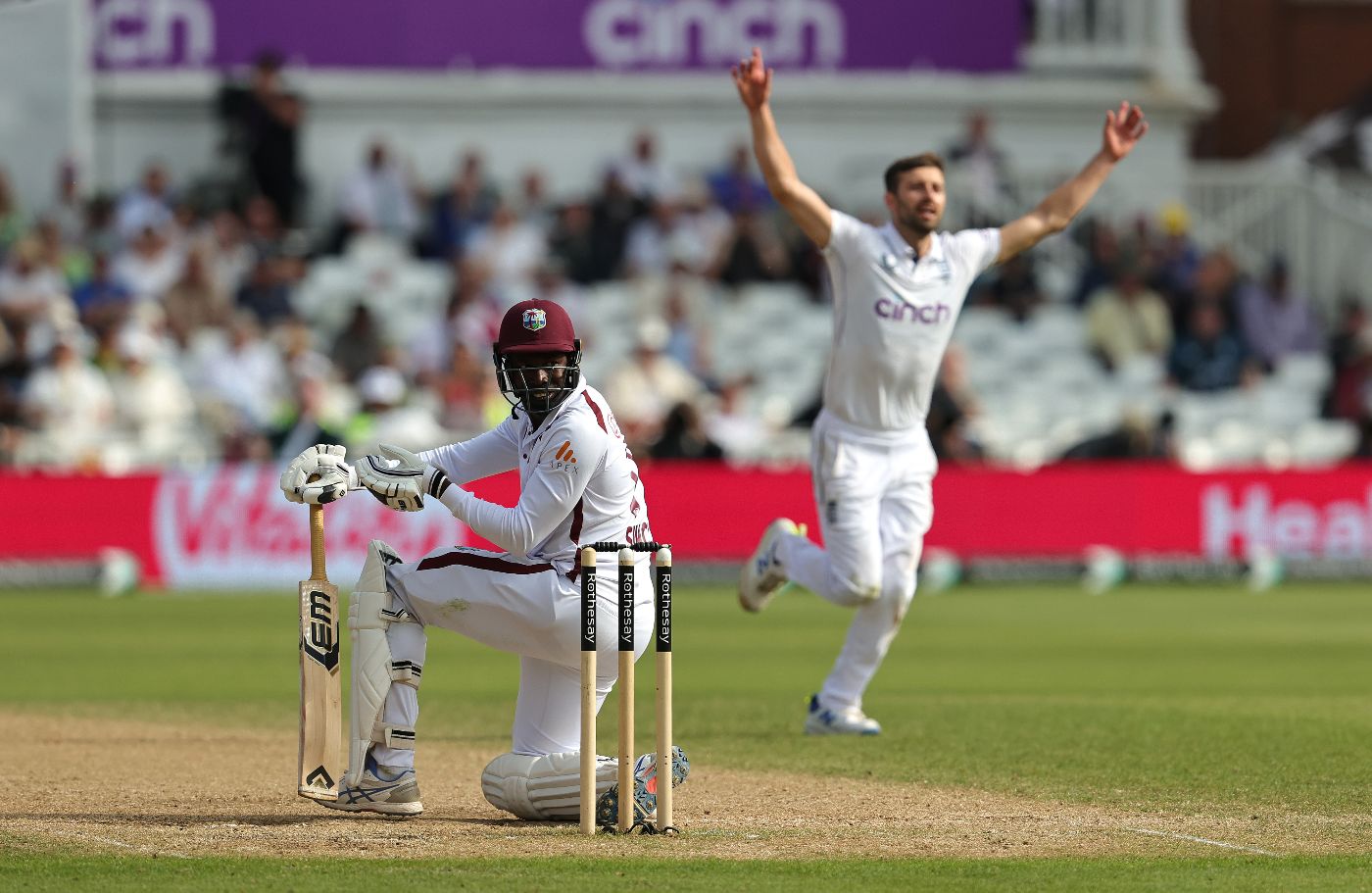 Kevin Sinclair was bounced out by a brute of a delivery from Mark Wood