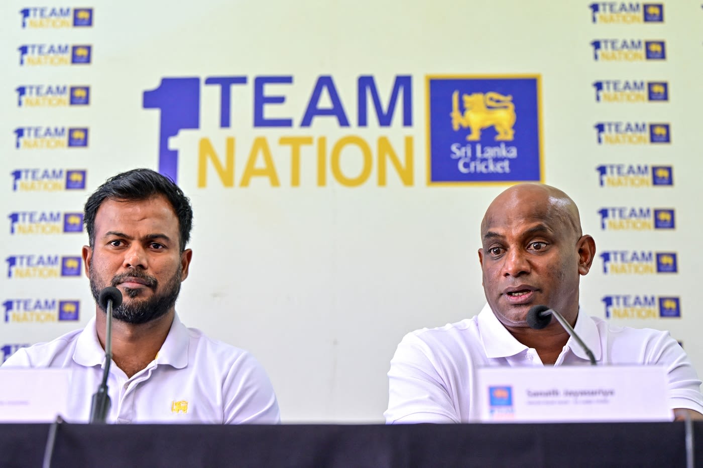 Sri Lanka's interim head coach Sanath Jayasuriya and chief selector Upul Tharanga speak to the media