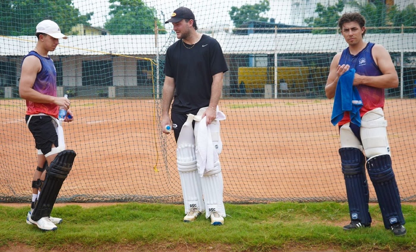 [L to R] Wellington boys Will Greenwood, Jesse Tashkoff and Nick Greenwood train at the Super Kings Academy in Chennai