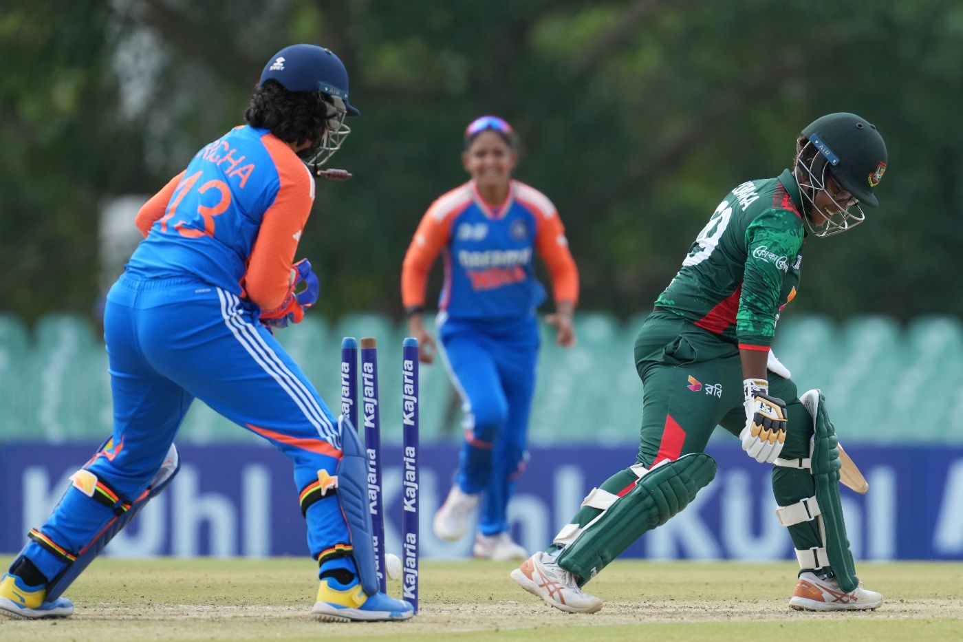 Rumana Ahmed was castled by Radha Yadav for 1