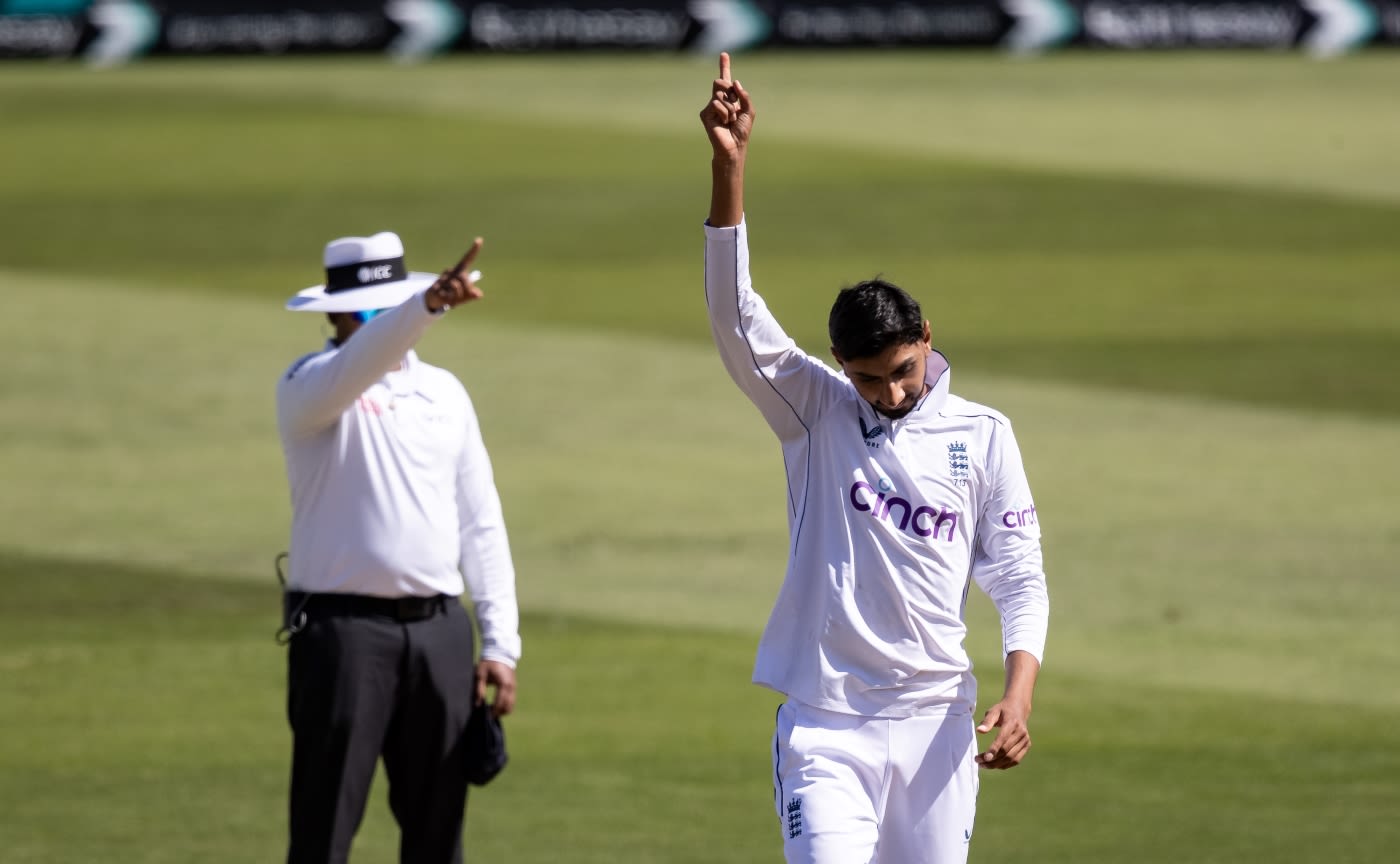 Shoaib Bashir is jubilant after getting Alick Athanaze lbw