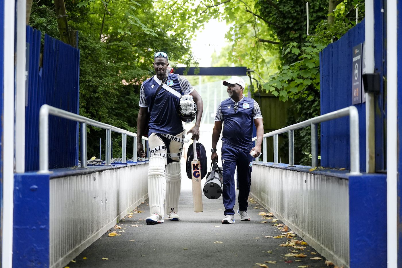 Coach Andre Coley has a chat with Jason Holder at the Edgbaston nets