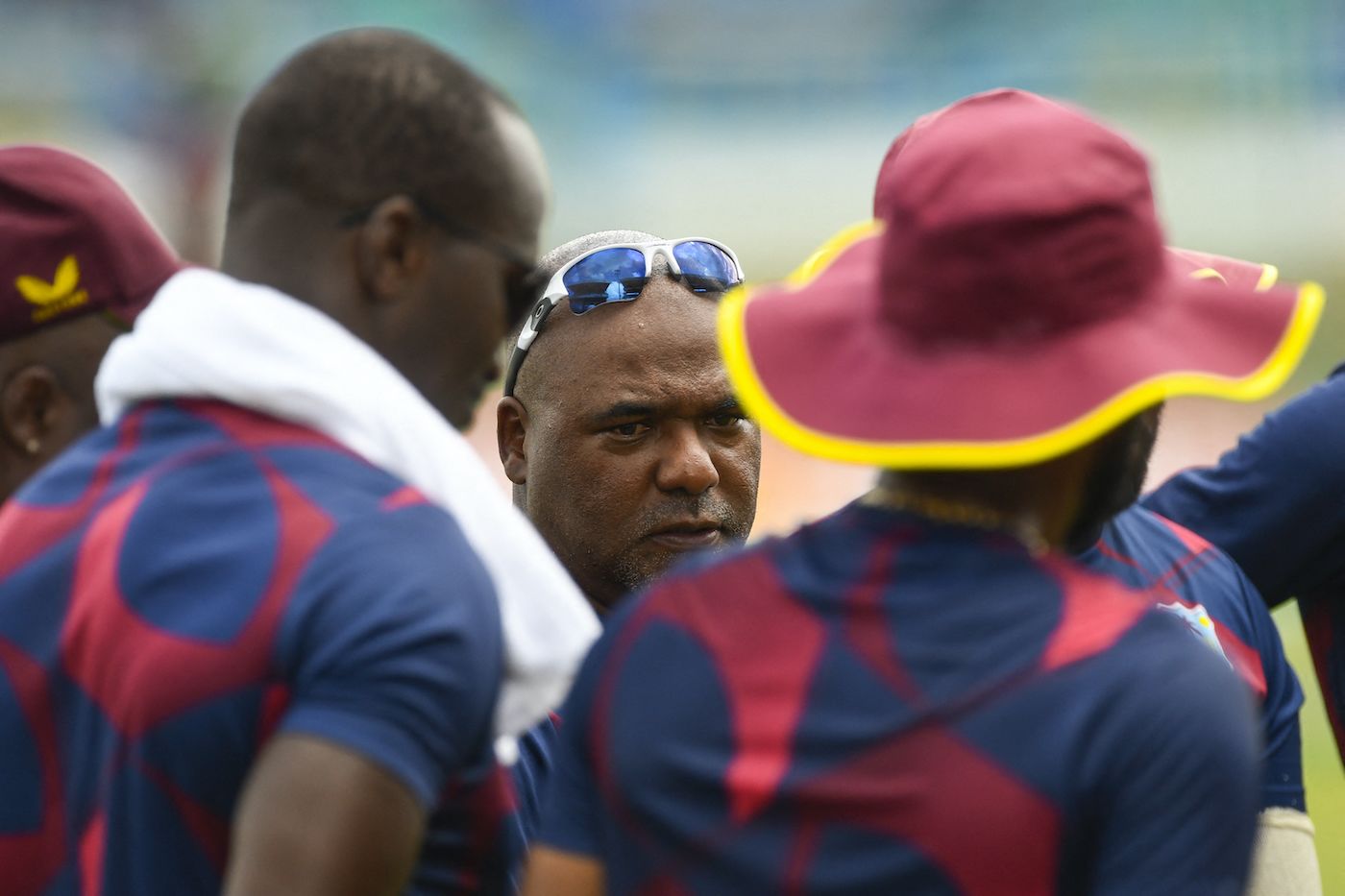 Andre Coley gives the West Indies team a pep talk at practice