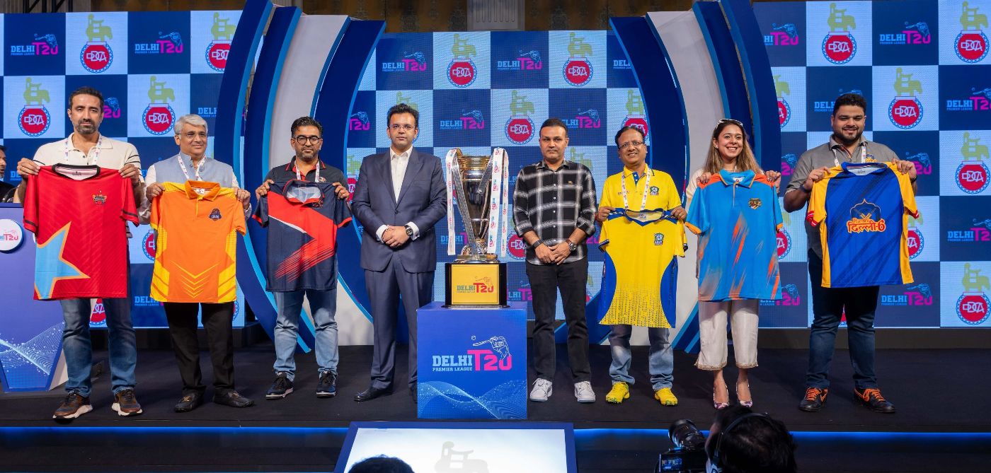Franchise owners of the newly launched Delhi Premier League with brand ambassador Virender Sehwag and Delhi & District Cricket Association (DDCA) president Rohan Jaitley