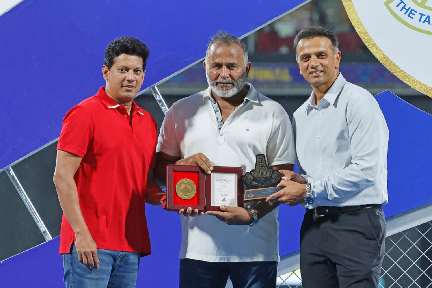 Rahul Dravid with B Arun and TNCA president Ashok Sigamani on the sidelines of the TNPL final