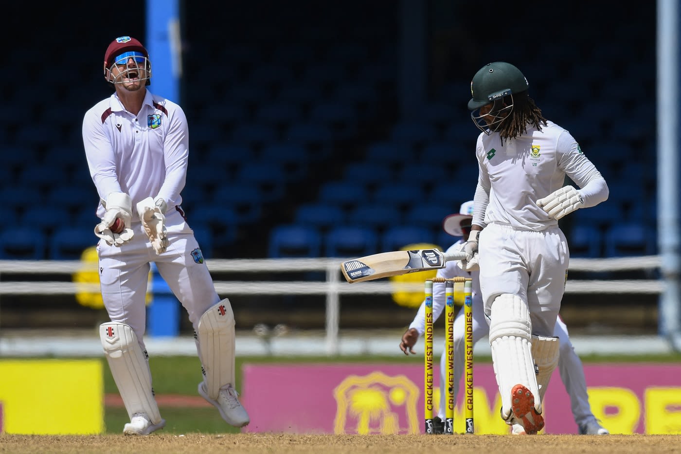 Tony de Zorzi is caught down the leg side by Joshua Da Silva