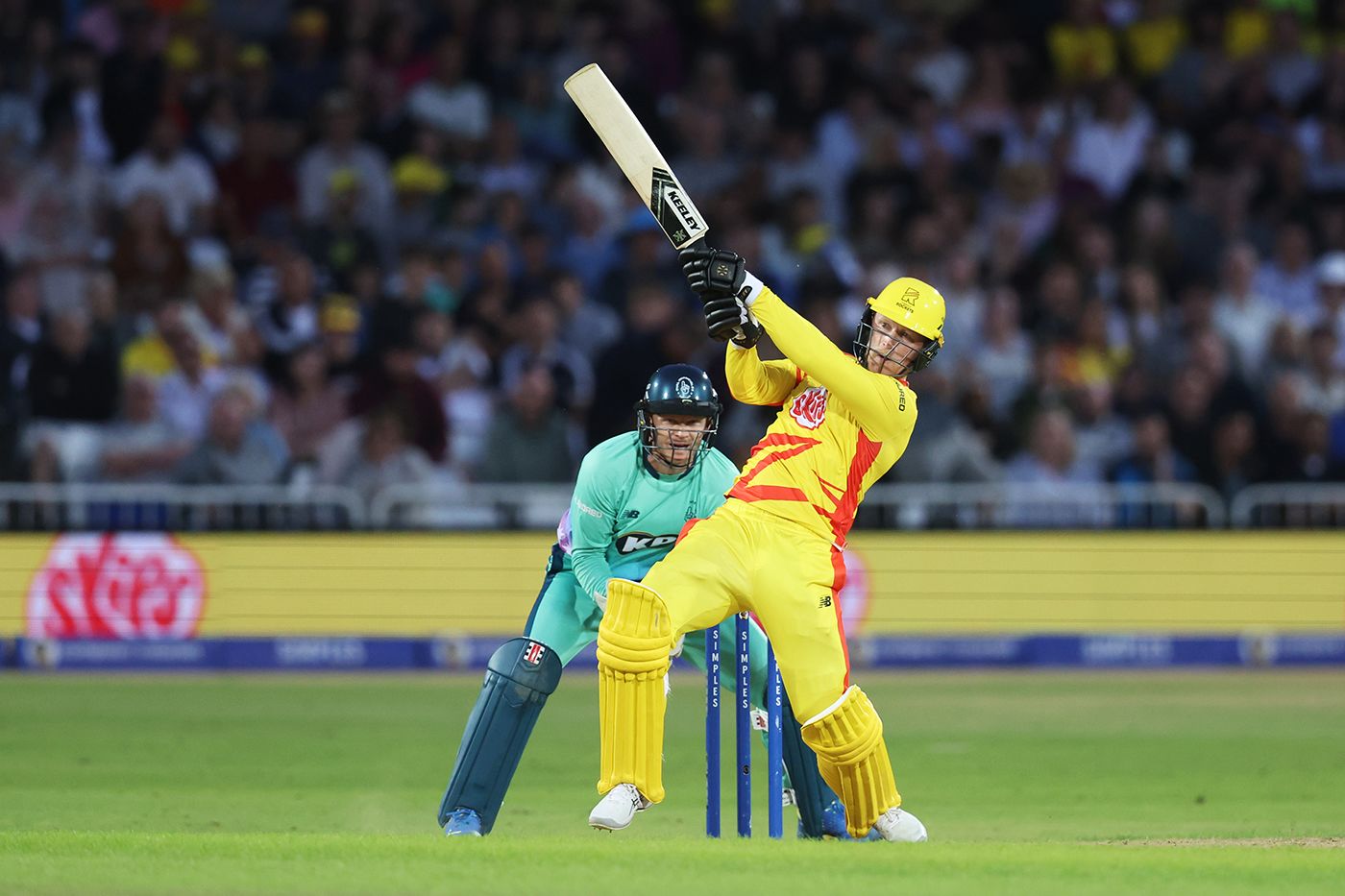 Tom Alsop swings hard over midwicket