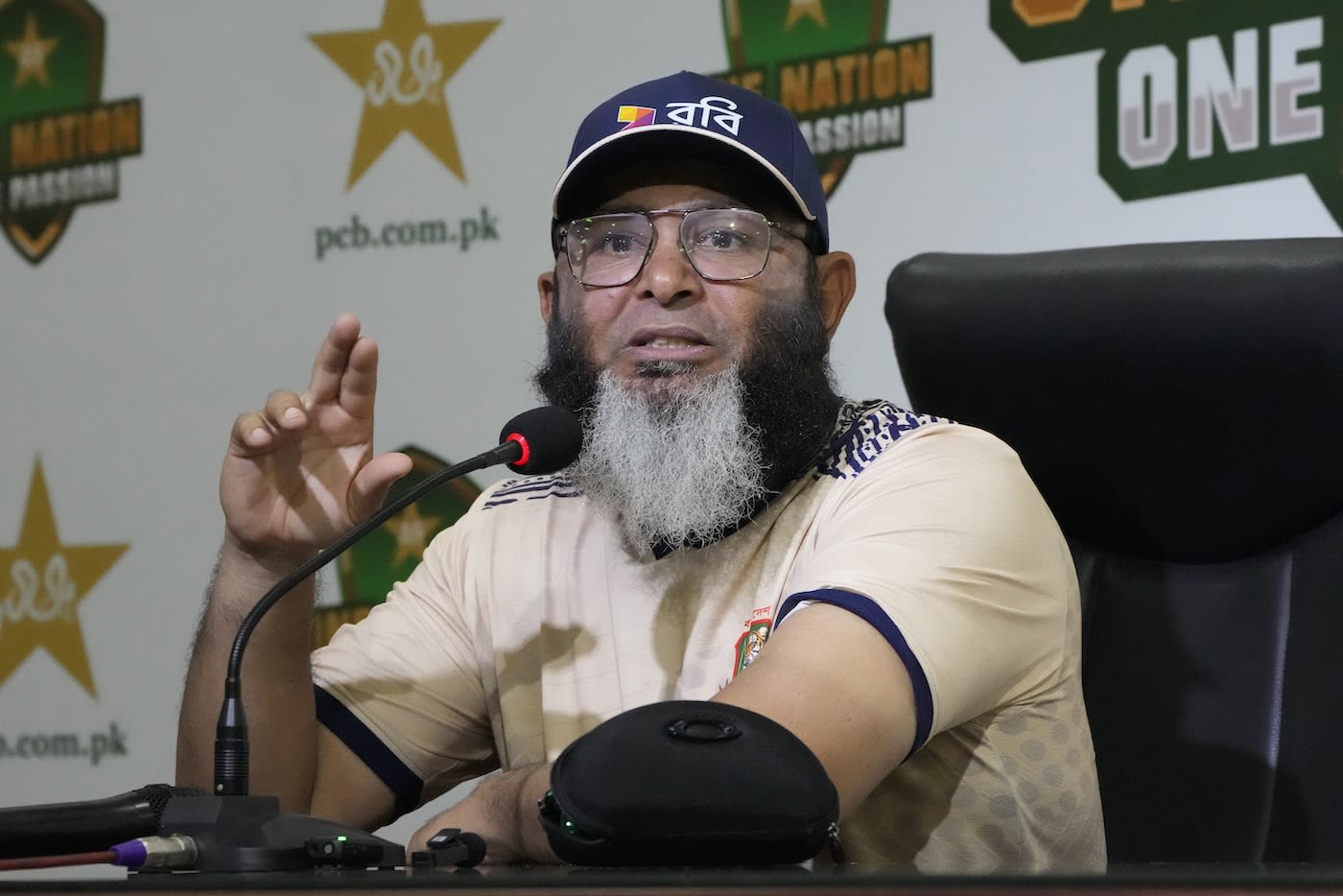 Mushtaq Ahmed talks to reporters ahead of the Test series