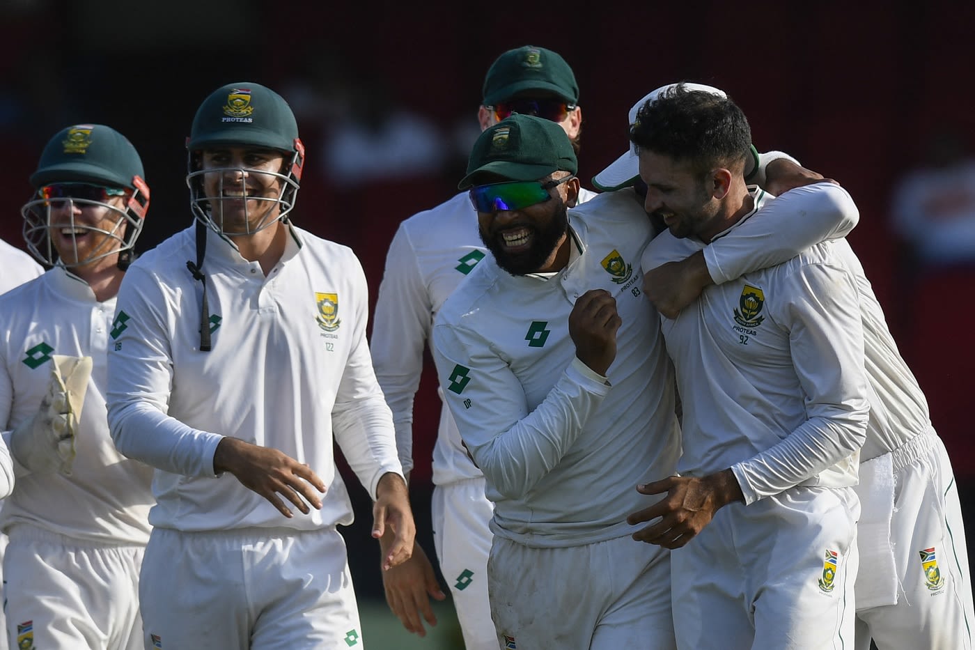 Keshav Maharaj celebrates after trapping Joshua Da Silva lbw