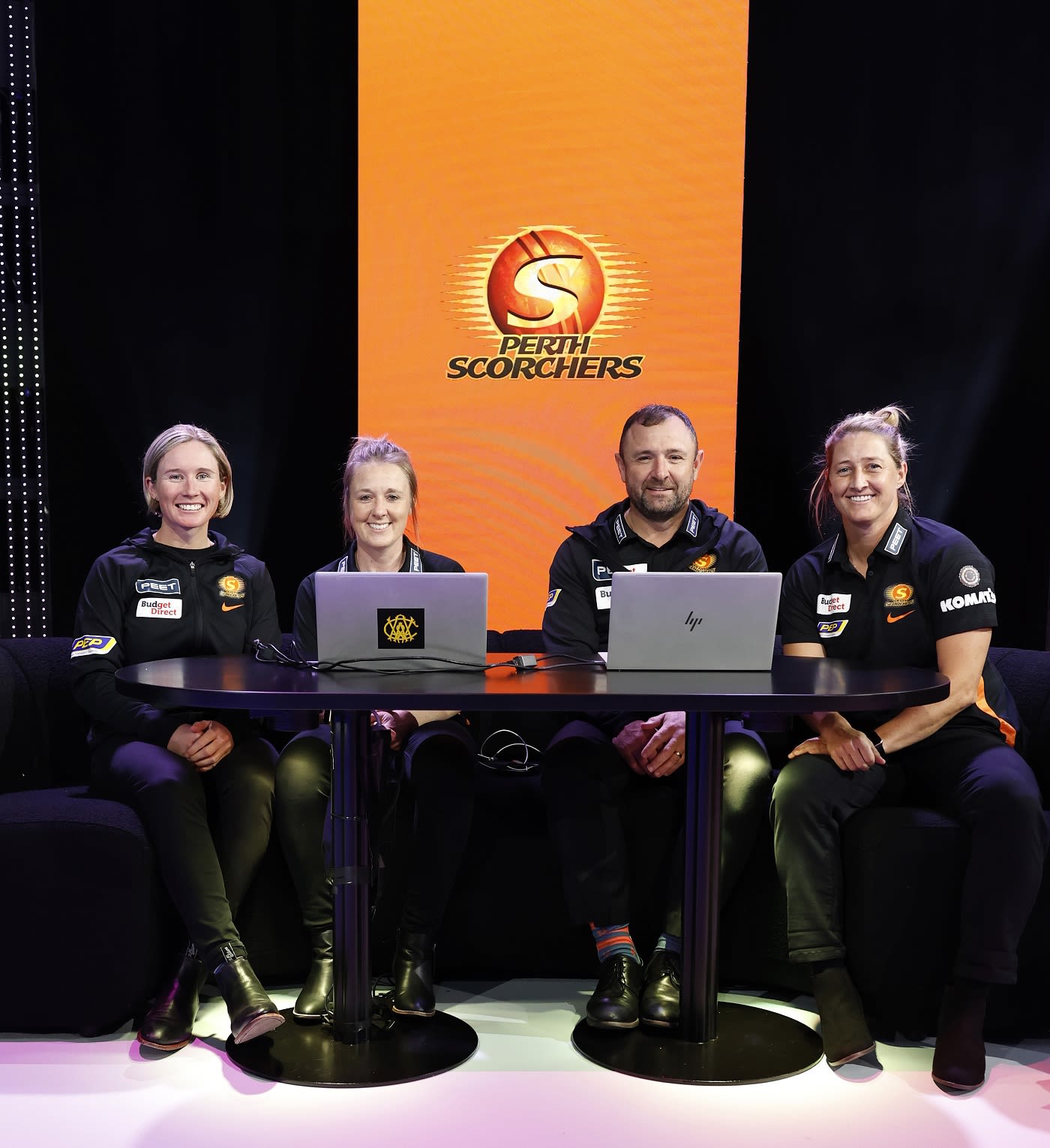 Beth Mooney, Rebecca Grundy, Kade Harvey and Sophie Devine of Scorchers pose during the draft
