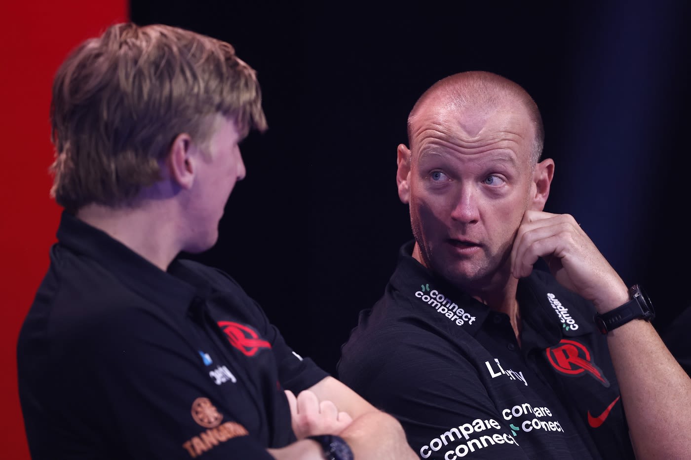 Melbourne Renegades' Cameron White and Will Sutherland chat during the draft