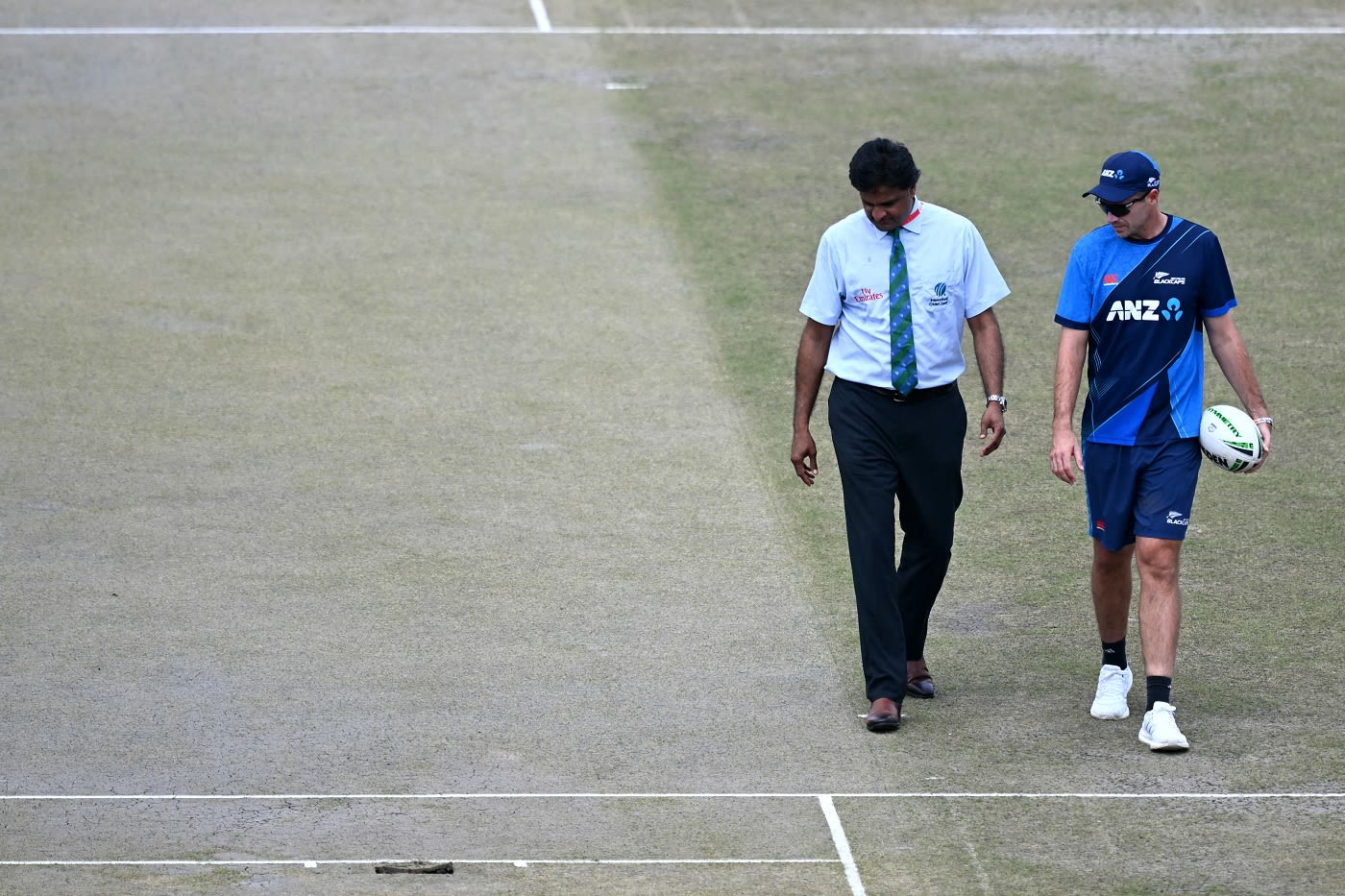 Tim Southee inspects the pitch with match referee Javagal Srinath