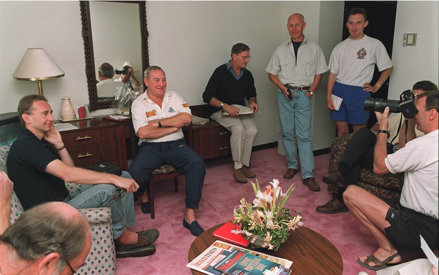 England manager Ray Illingworth, in his slippers, invites journalists to his hotel room for a press conference