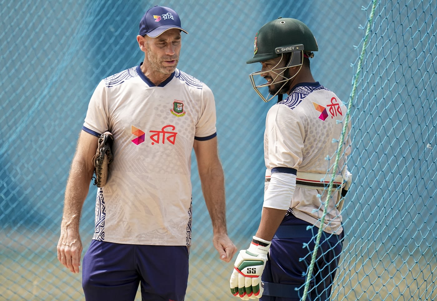 Bangladesh batting coach David Hemp works with captain Najmul Hossain Shanto at training