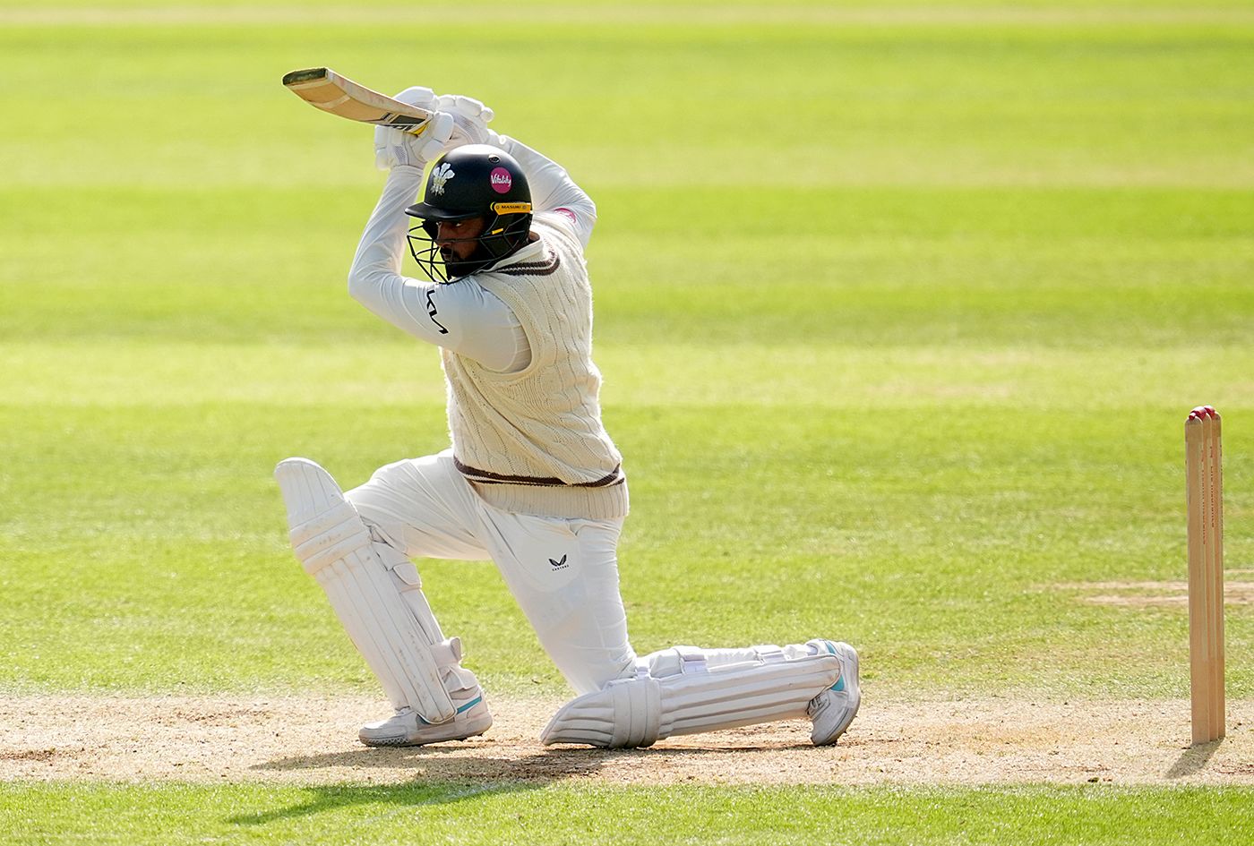 Ryan Patel gets down on one knee to cover-drive