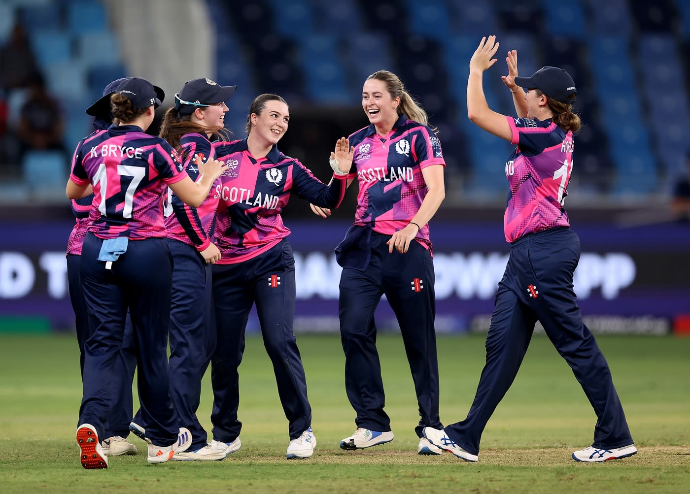 Olivia Bell celebrates after dismissing Shemaine Campbelle