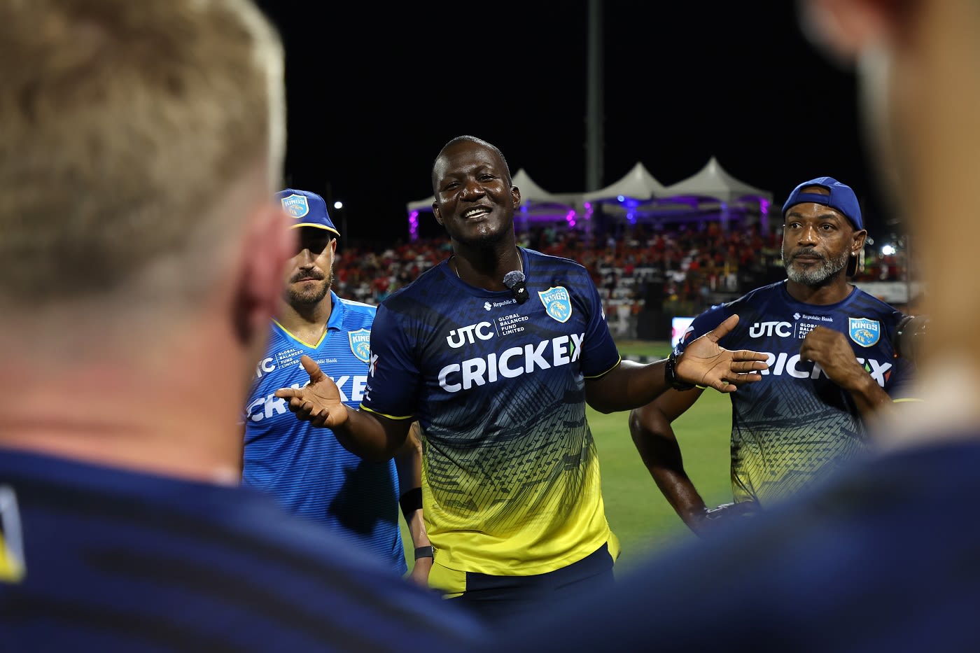 Daren Sammy, Faf du Plessis and Floyd Reifer at St Lucia Kings' huddle