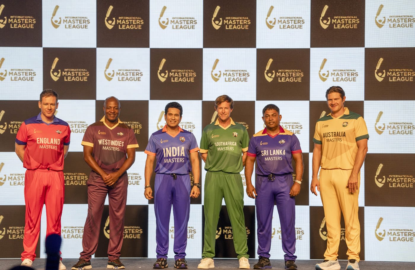 Eoin Morgan, Brian Lara, Sachin Tendulkar, Jonty Rhodes, Romesh Kaluwitharana and Shane Watson at the launch of the International Masters League
