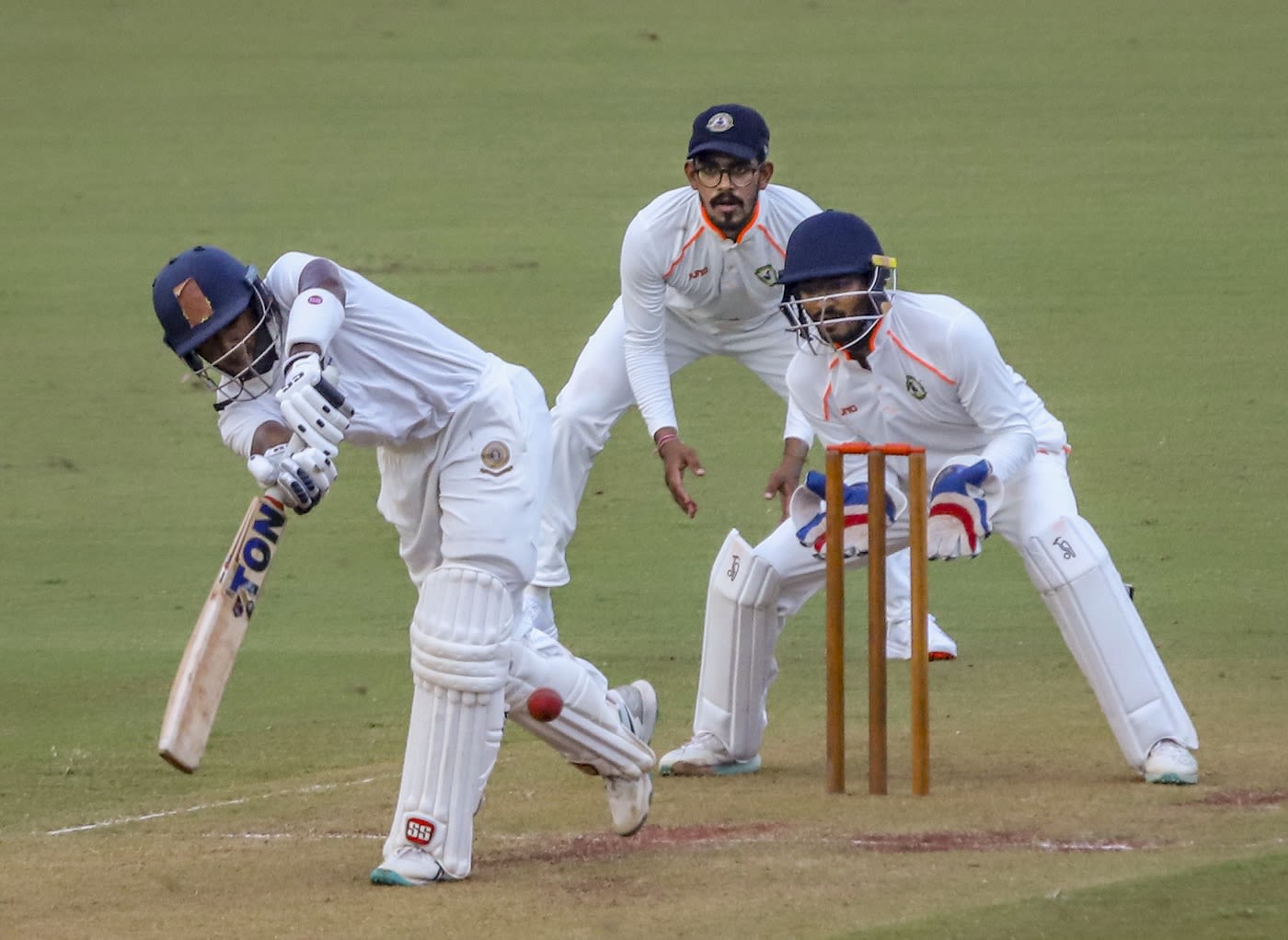 Shaik Rasheed knocks the ball into the leg side