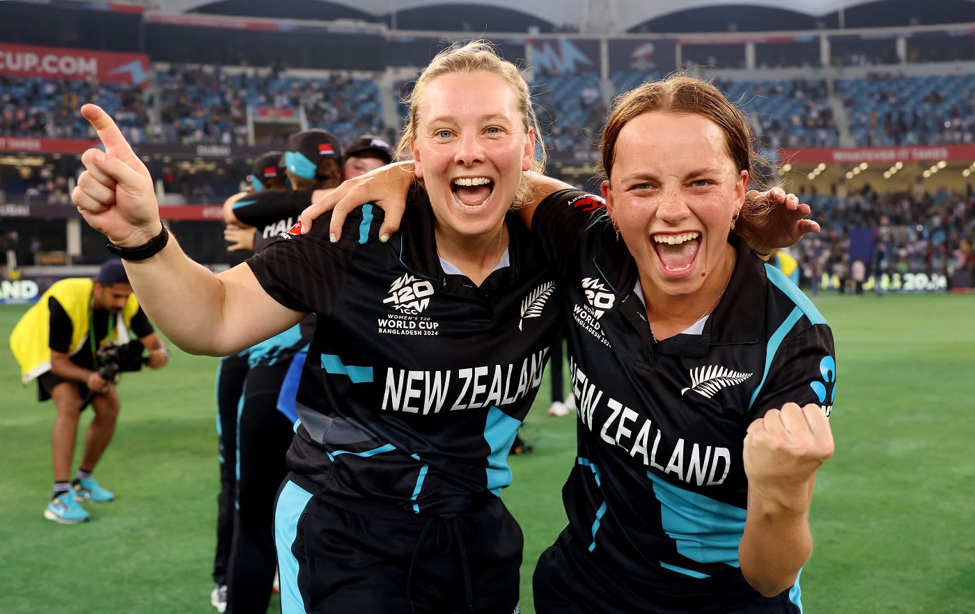 Leigh Kasperek and Eden Carson are jubilant after New Zealand's win