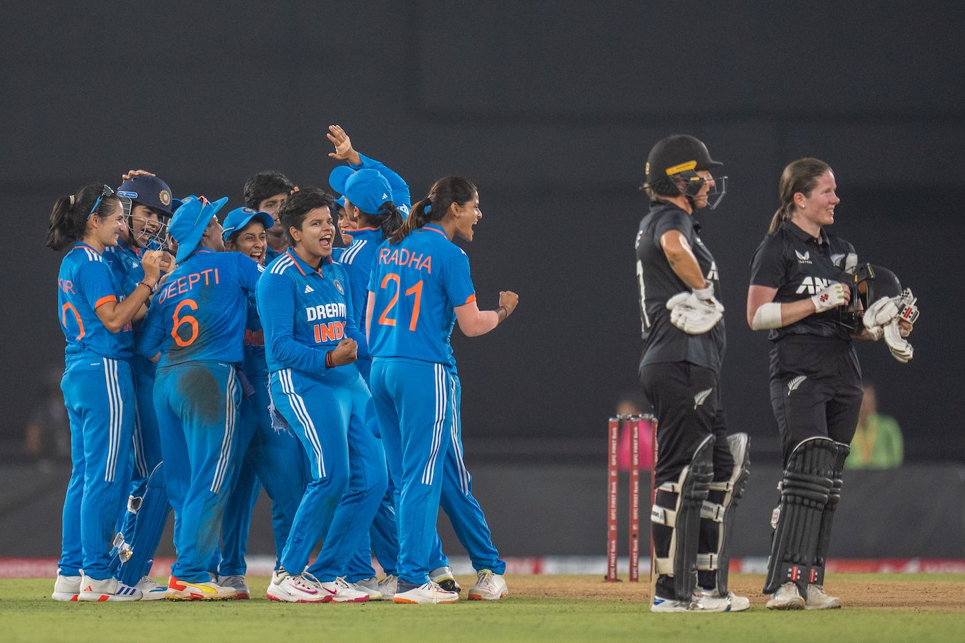 Sophie Devine's unconventional run out led to a big celebration from India