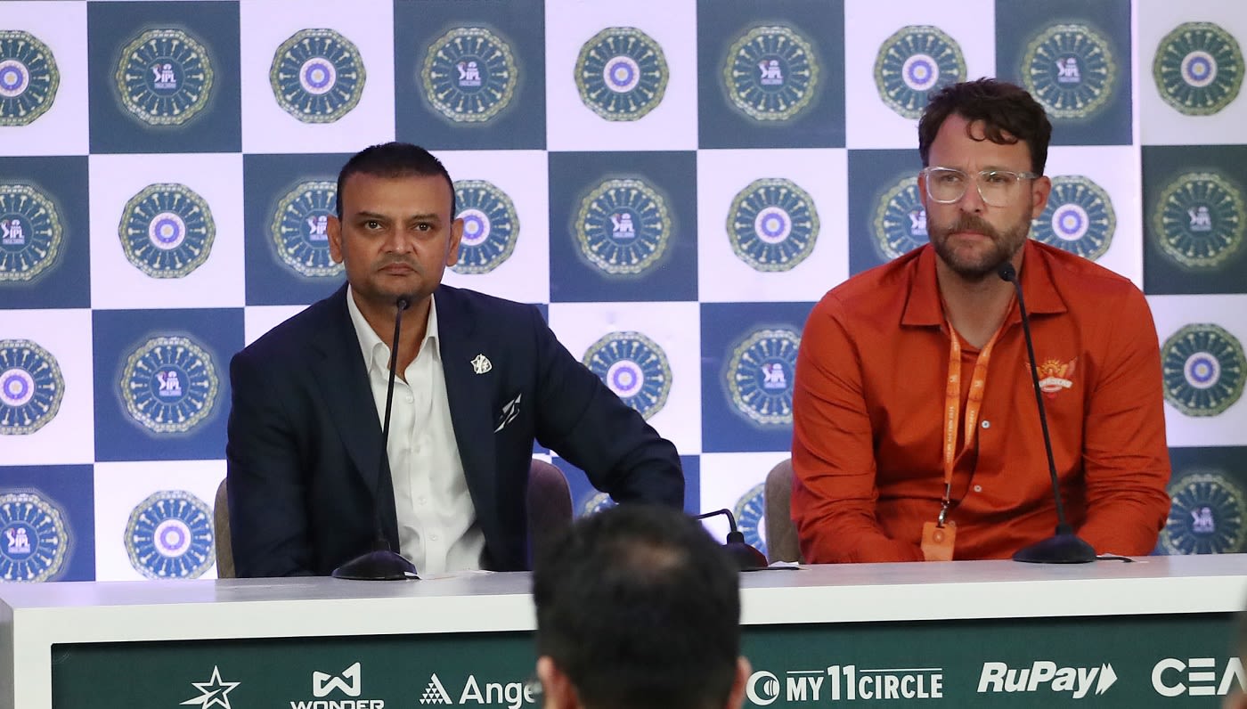 Hemang Badani and Daniel Vettori address the media
