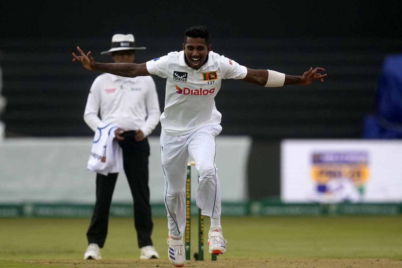 Vishwa Fernando celebrates dismissing Tony de Zorzi