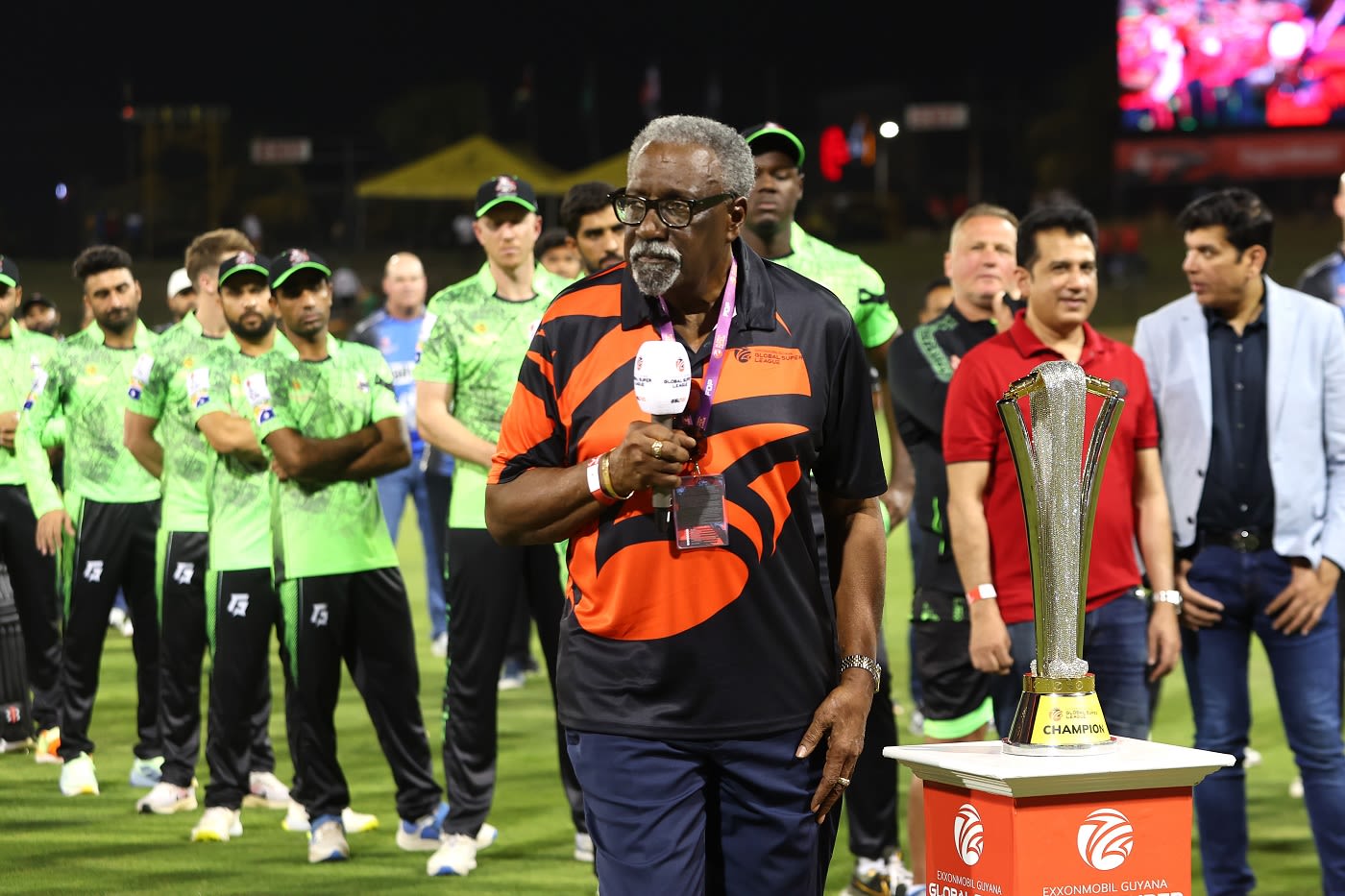 Clive Lloyd gives a speech before the start of the Global Super League