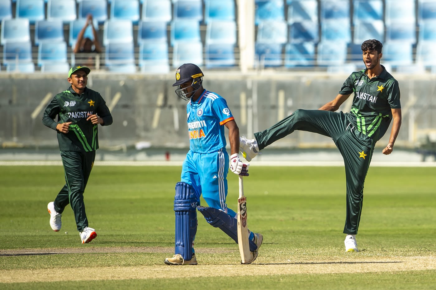 Abdul Subhan celebrates the wicket of Ayush Mhatre