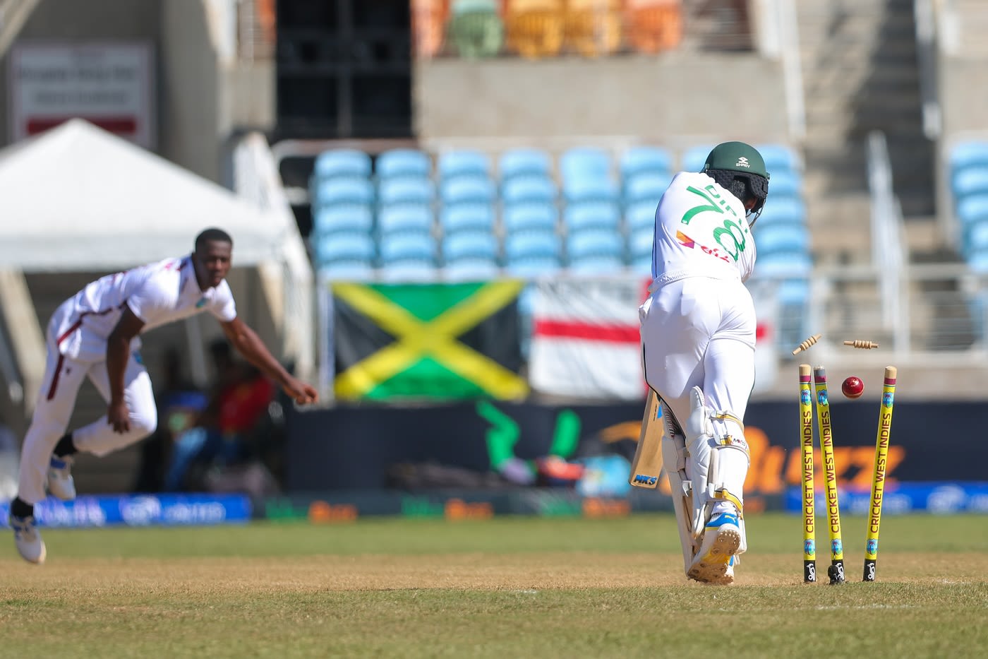 Shahadat Hossain was cleaned up by Shamar Joseph relatively early on the second day